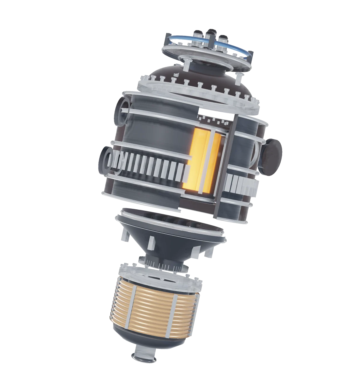 Render tridimensional del reactor KR-30 entreabierto y ladeado: vasija de acero oscuro, intercambiador de cobre y núcleo de bloques de grafito incandescentes